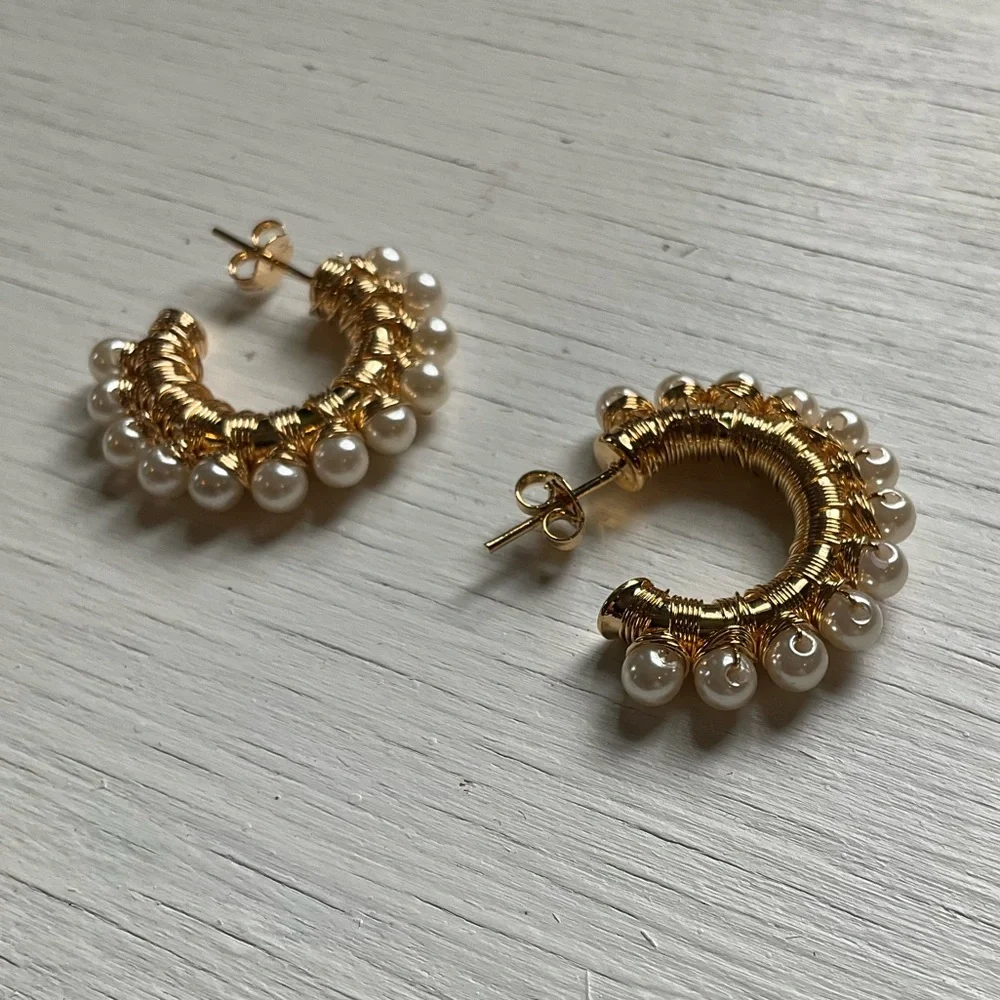 Gold and Pearl Wrapped Hoop Earrings - Picture 4 of 5